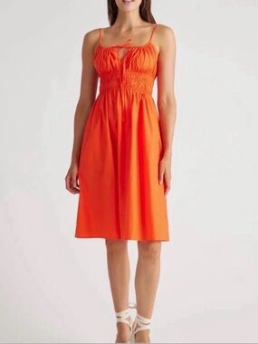 Quince Organic Cotton Keyhole Midi Dress Vermilion Red Smocked Waist Womens L